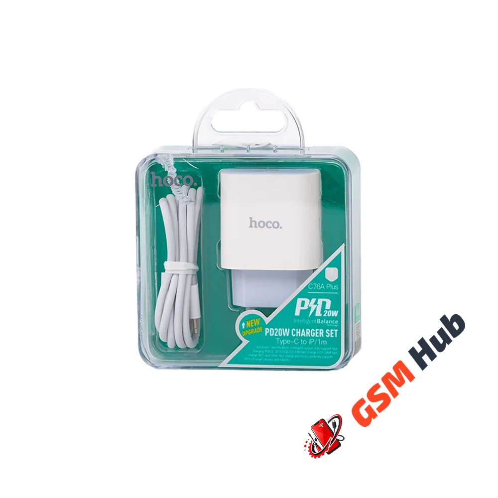 СЗУ HOCO C76A Plus (20W) (3A) (+ кабель Type C - Lightning) (Белый)