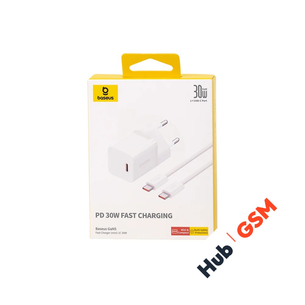СЗУ Baseus GaN5 Fast Charger (mini) (USB-C) (30W) (Кабель USB С-С (100W) (1m) (Белый)