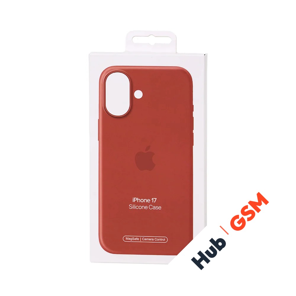 Чехол Силиконовый Magsafe iPhone 17 (С анимацией) (С кнопкой) (Темно-оранжевый)