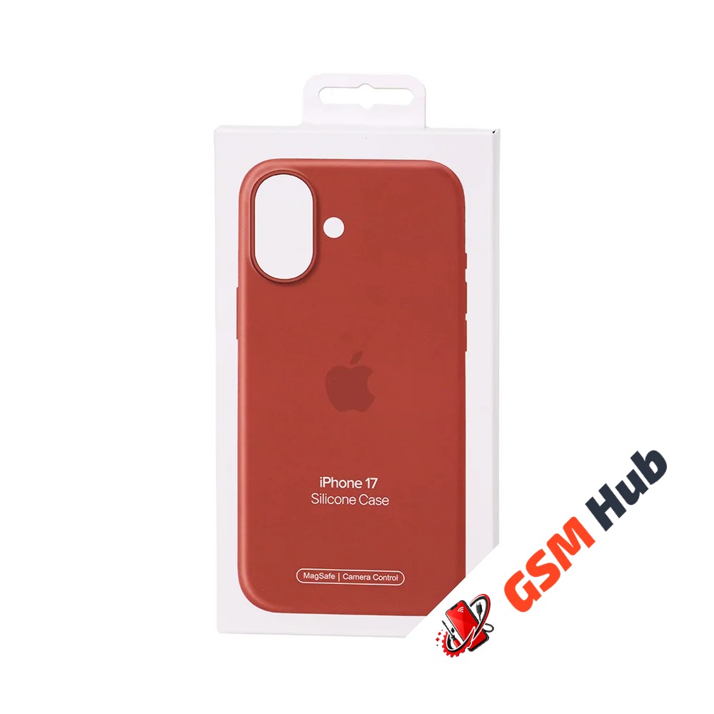Чехол Силиконовый Magsafe iPhone 17 (С анимацией) (С кнопкой) (Темно-оранжевый)