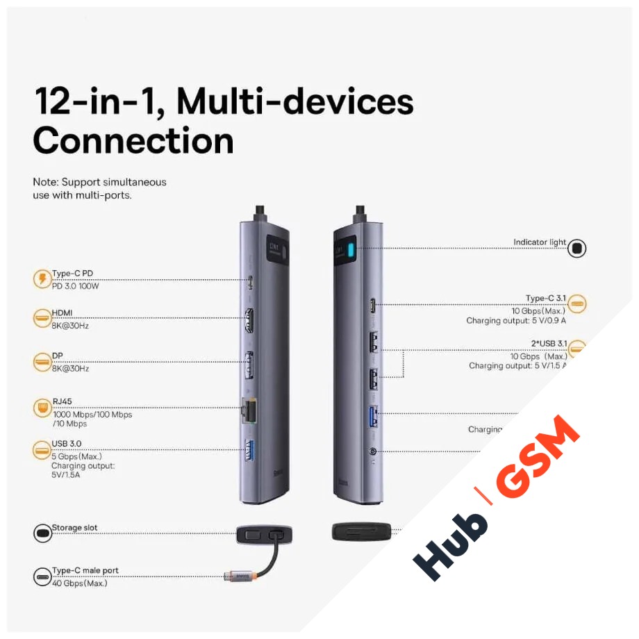 USB-концентратор Baseus Metal Gleam (12-in-1)(USB-C to HDMI+USB 3.0+PD+RJ45+SD/TF+DP+3.5mm) (Серый)
