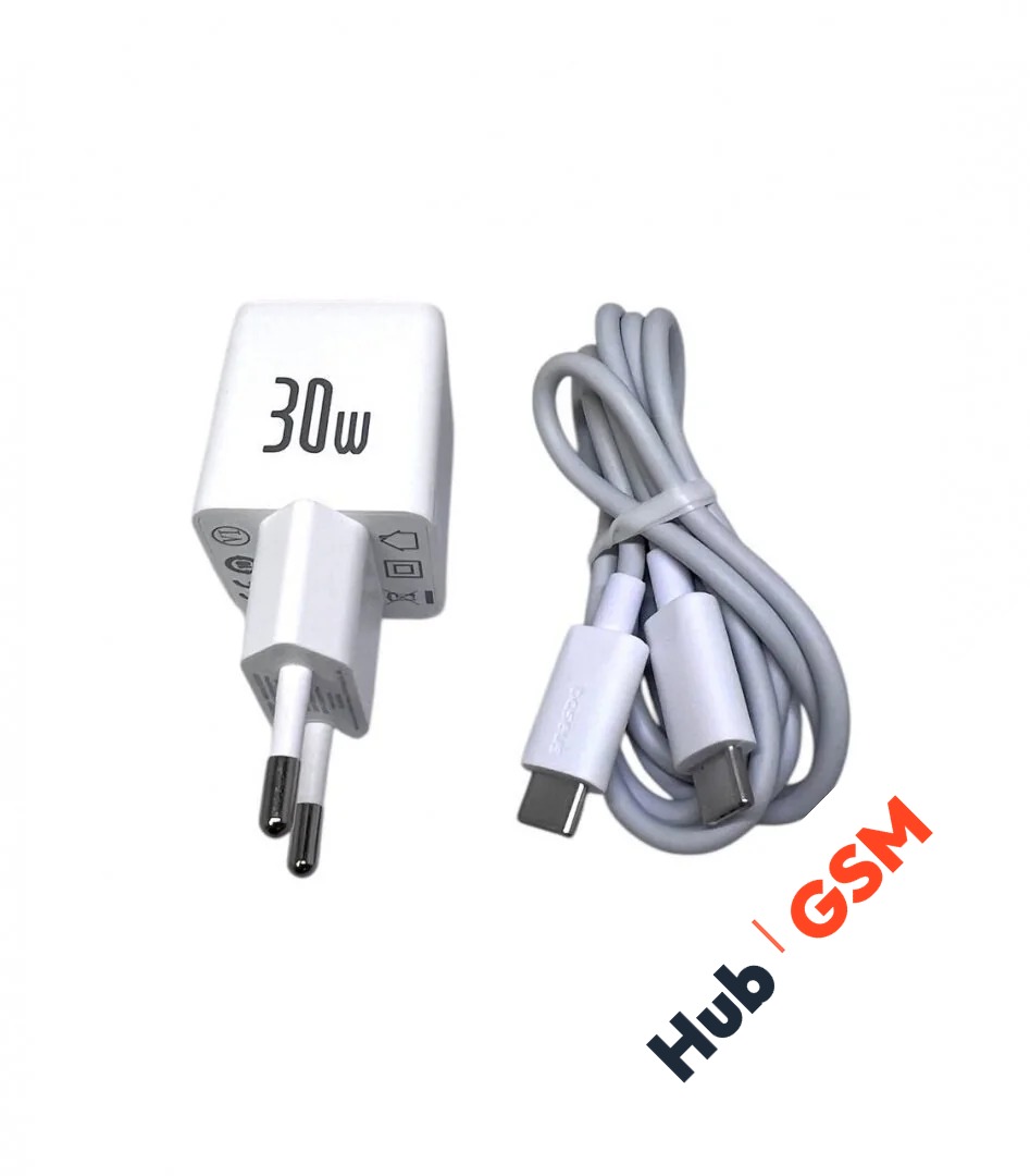 СЗУ Baseus Palm (USB C+USB A) (30W EU) (Быстрая зарядка) (С кабелем USB C/C 60W (20V/3A) (Белый)